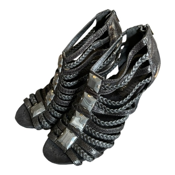 Apostrophe Black Woven Leather Strappy Heels Size 8.5 M Gray Marbleized Beads - Picture 11 of 13